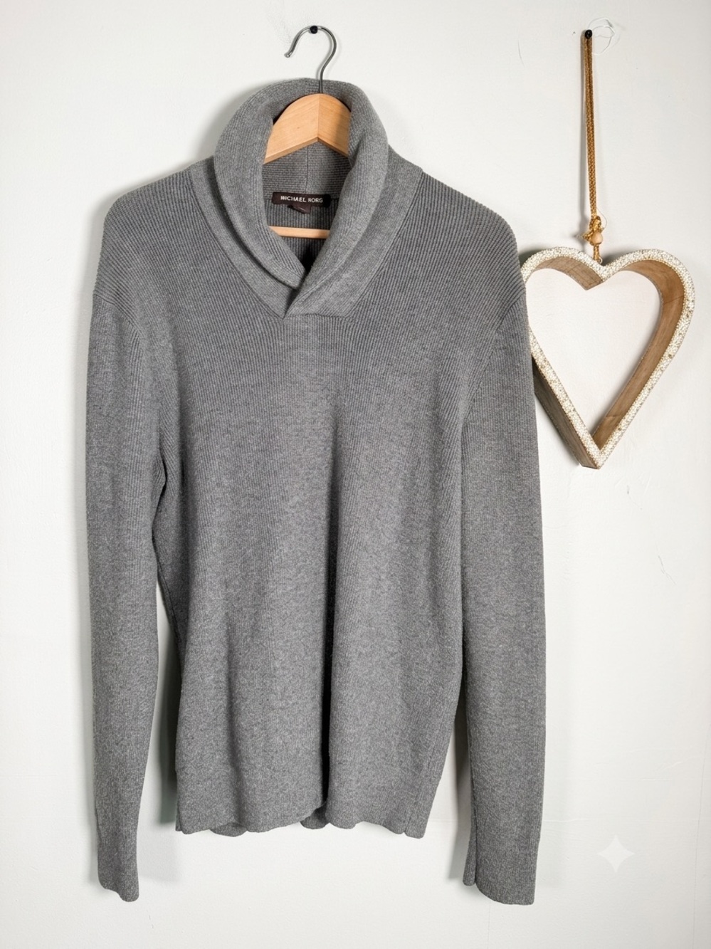 Michael Kors Men's Large Grey Shawl Collar Ribbed Knit Sweater Pullover